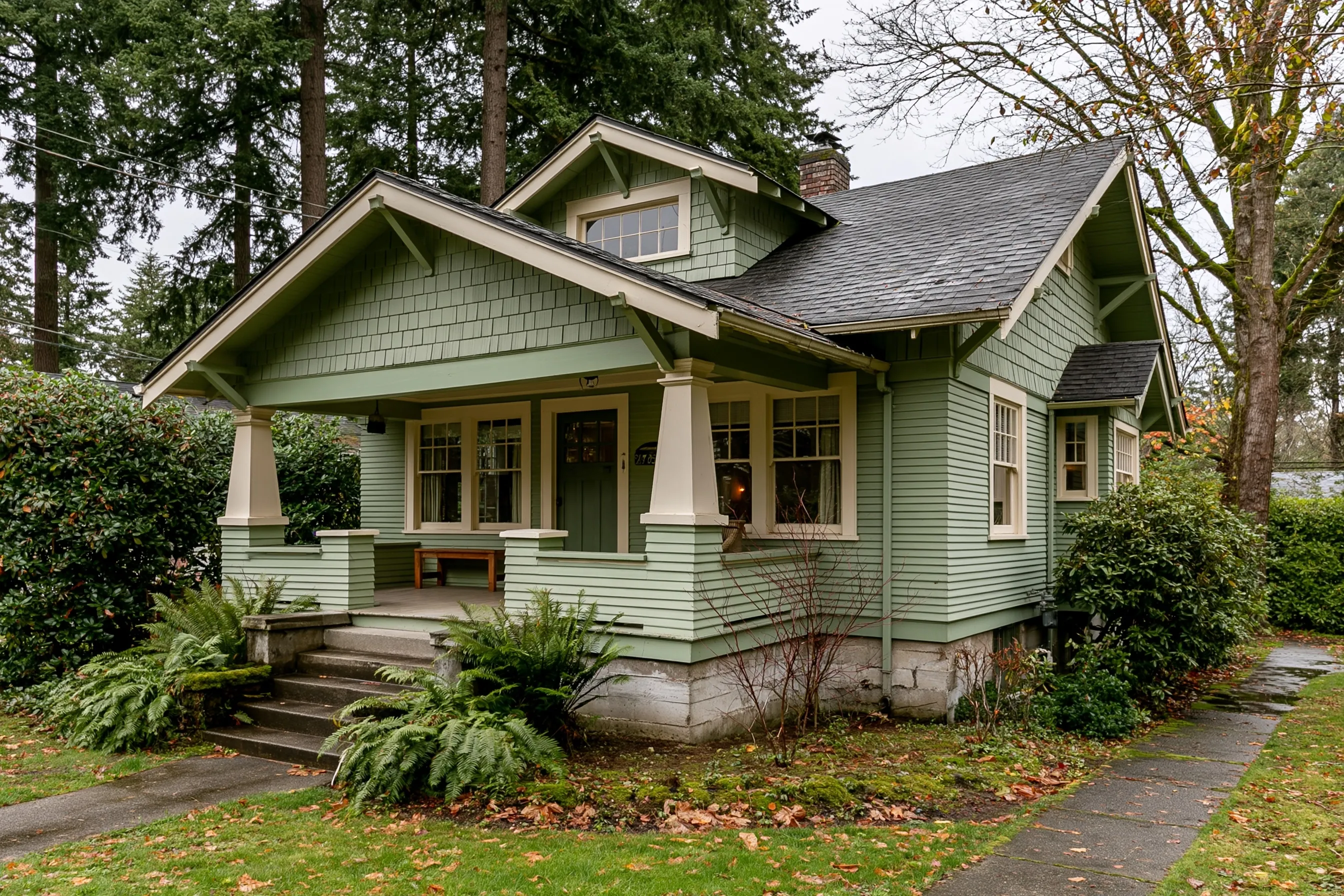 Sage-green Craftsman bungalow with a wide front porch, tapered cream columns, shingled gables, concrete steps, a concrete stem wall at the base, ferns and tall firs