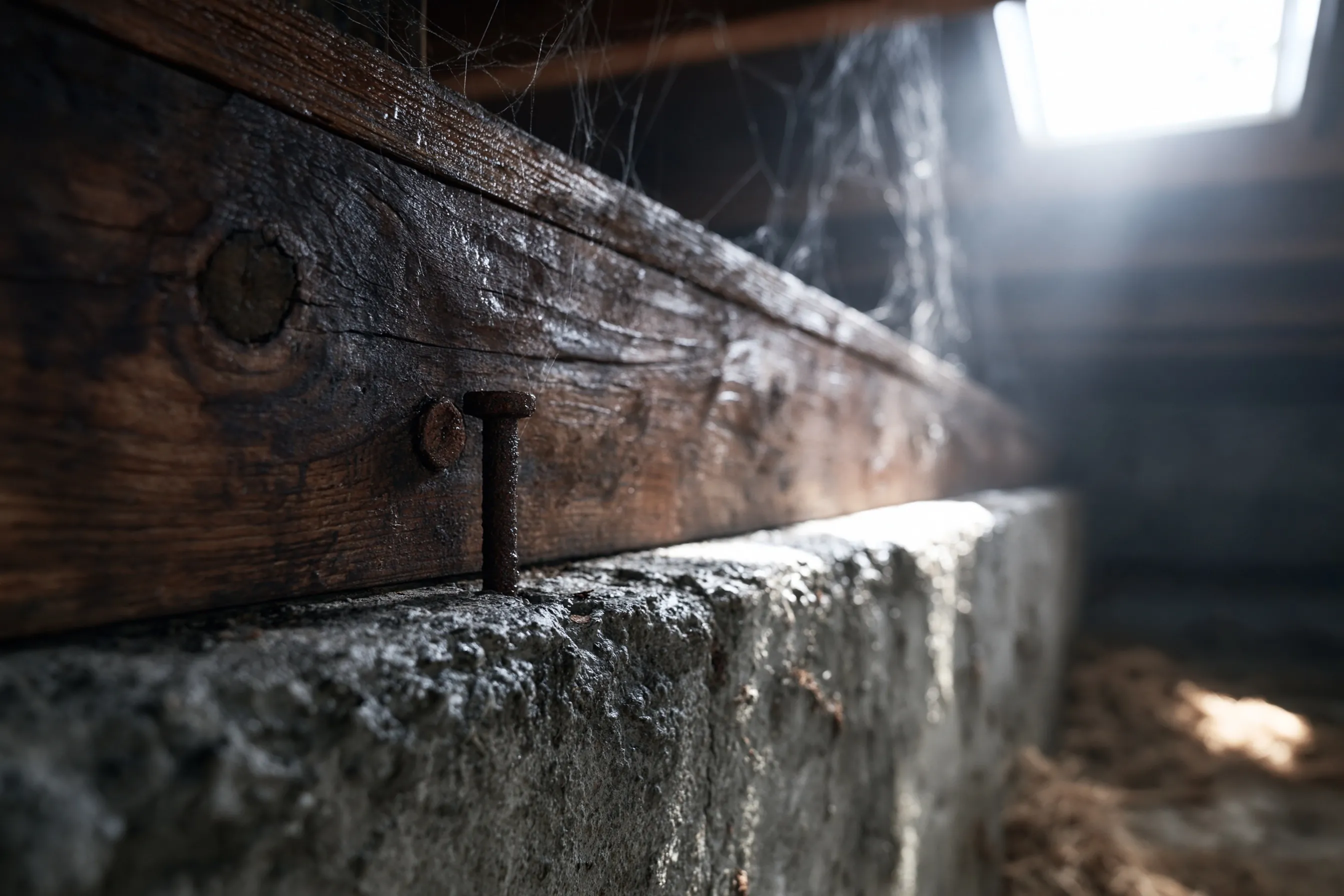 Close-up at the top of a crawlspace stem wall showing a darkened, damp sill plate and rim joist with soft-looking wood and a rusted anchor bolt