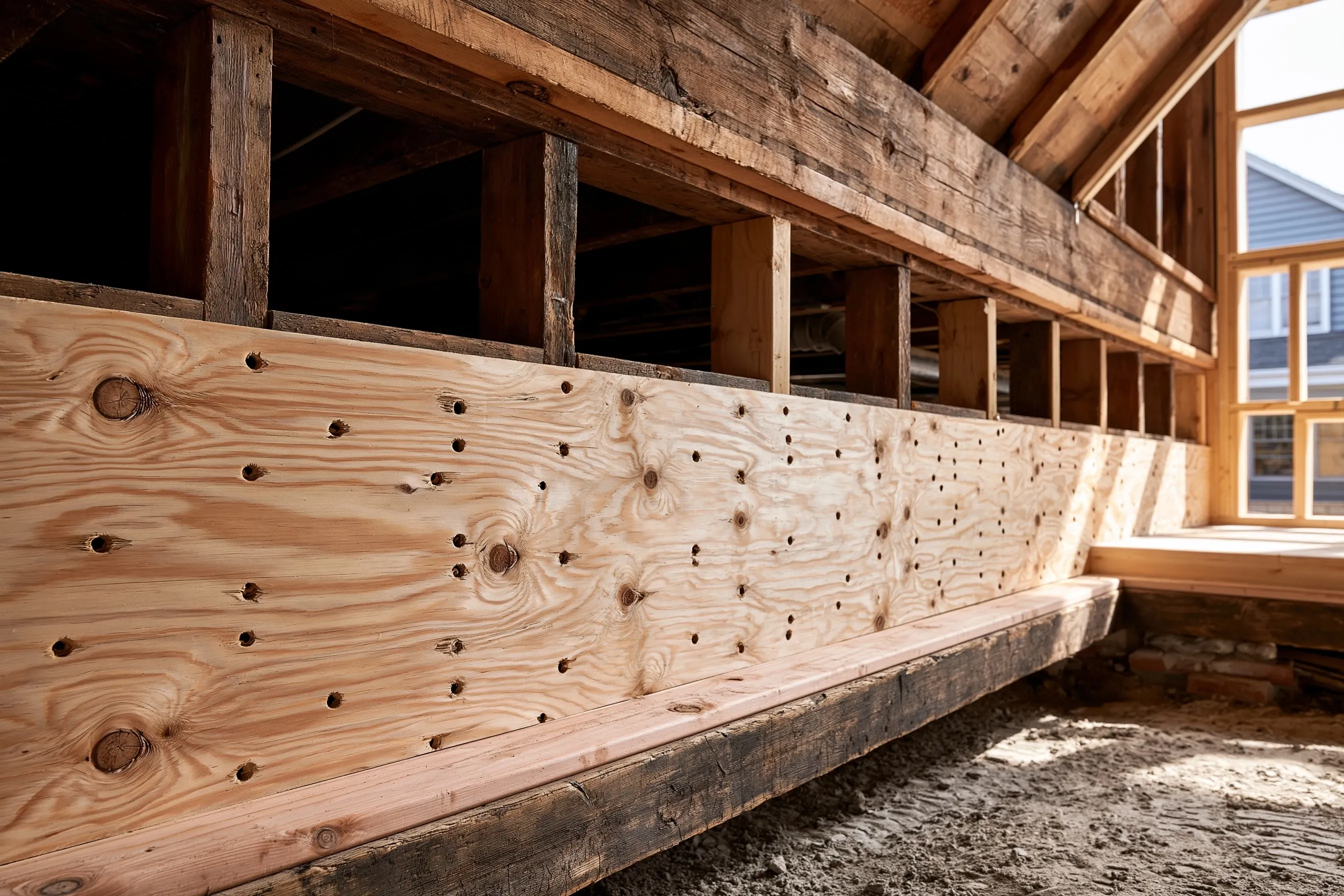 Short crawlspace wall with new plywood sheathing nailed on, standing under older floor framing