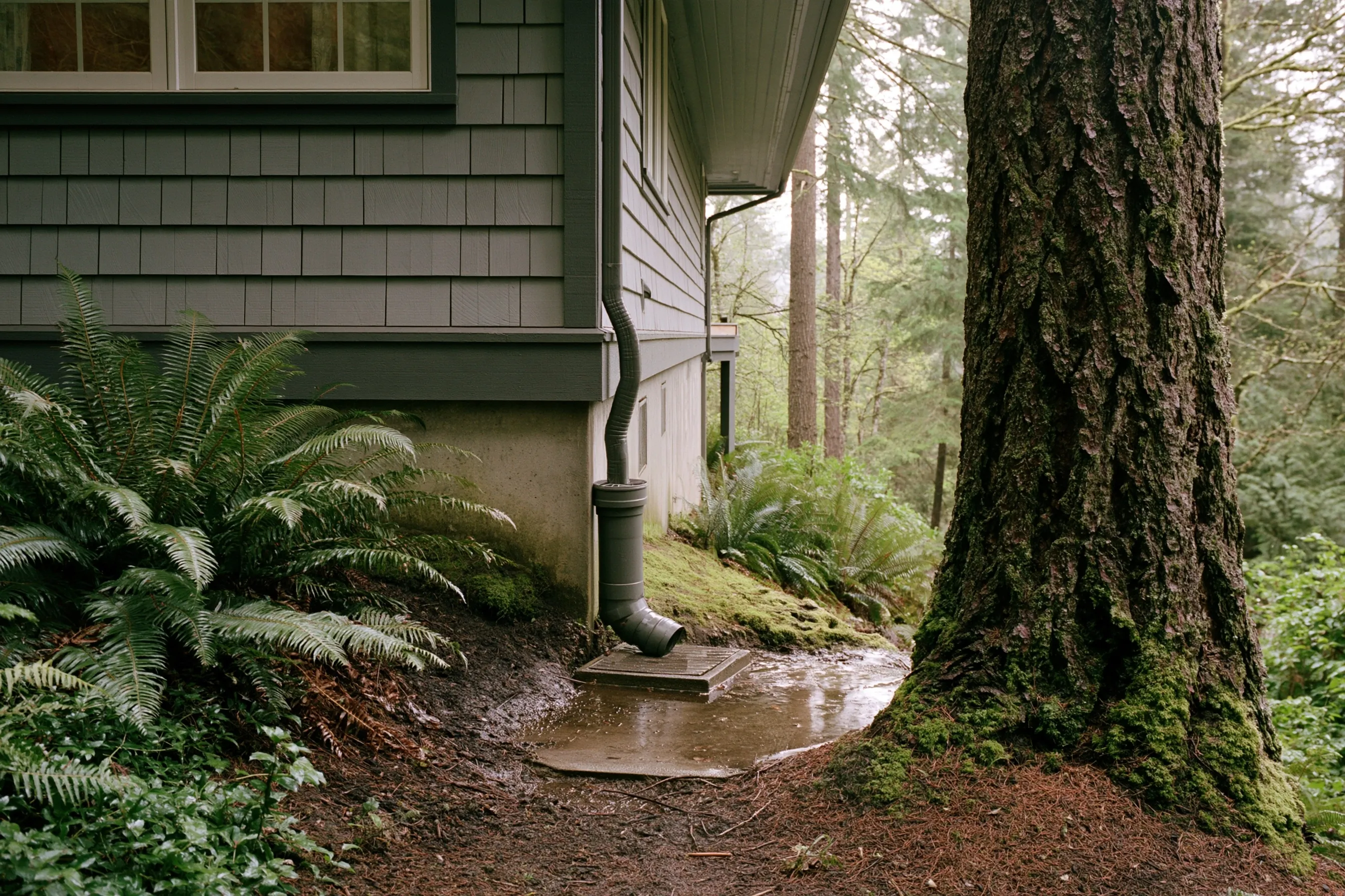 Rainwater from a downspout spreading across a splash block and pooling at the base of the foundation