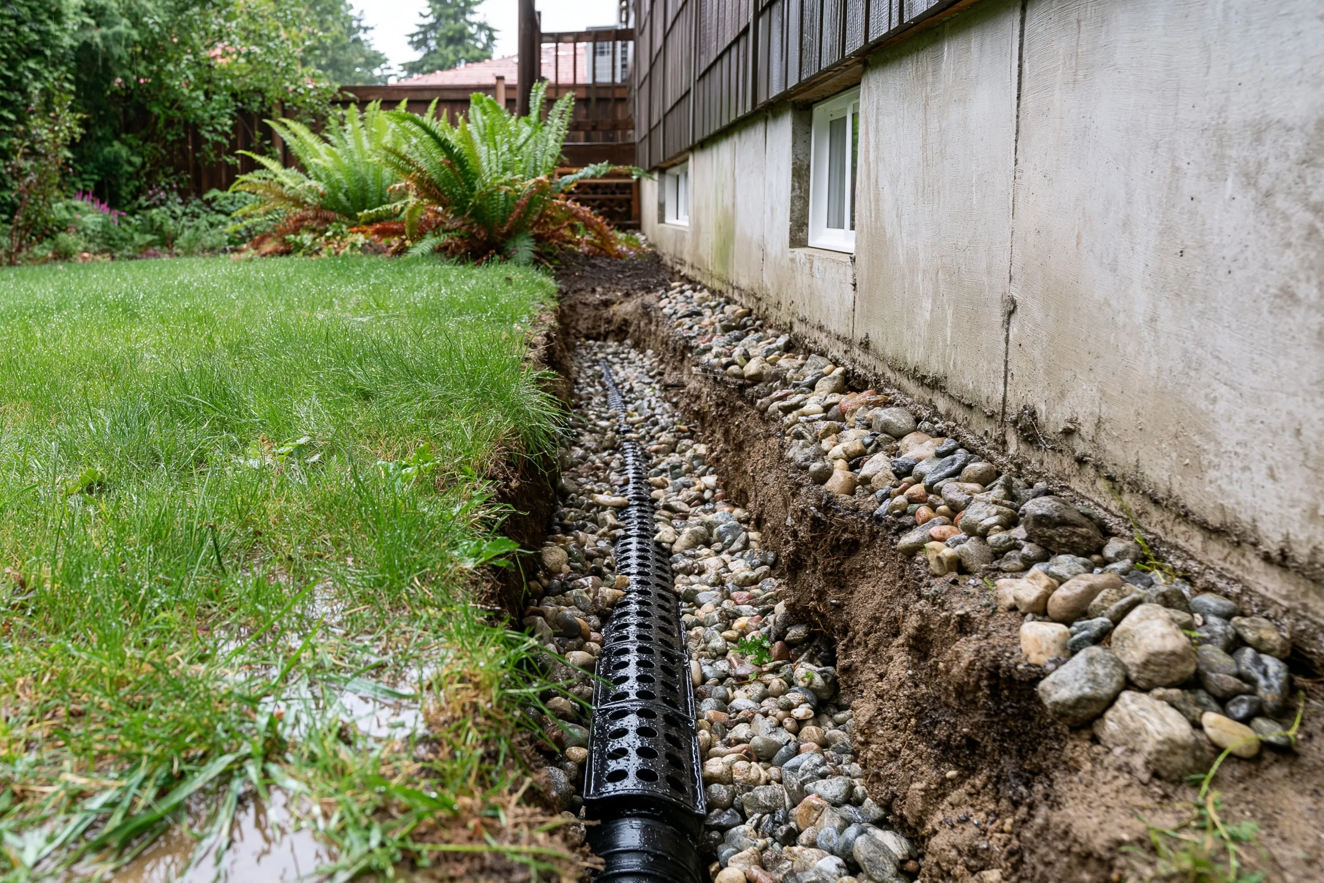 Narrow trench along the outside of a concrete foundation wall with a perforated drain pipe laid in washed gravel at the foot of the wall