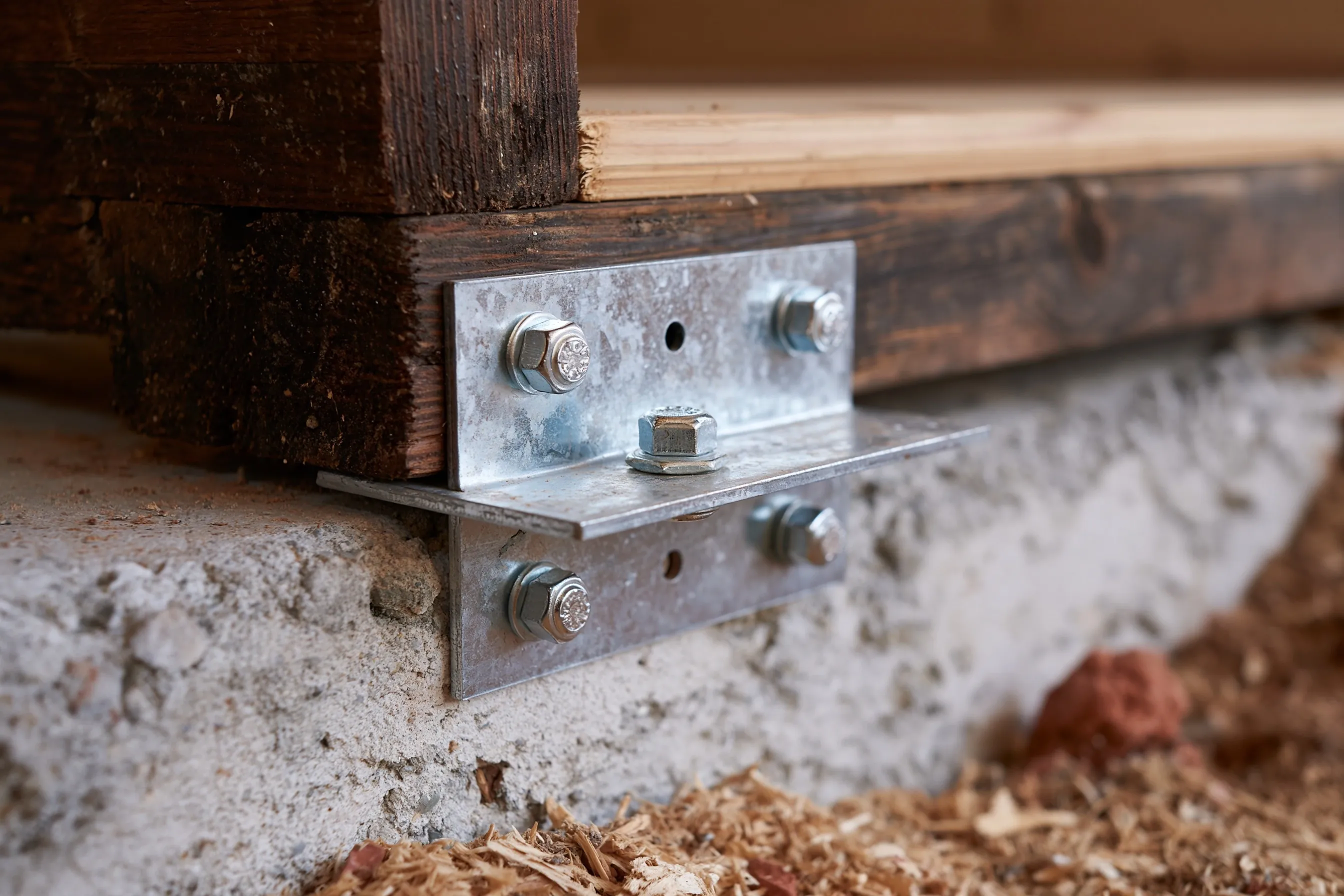 Close view of galvanized steel angle plates bolted to a dark wood sill and to the concrete wall below, with nuts and washers