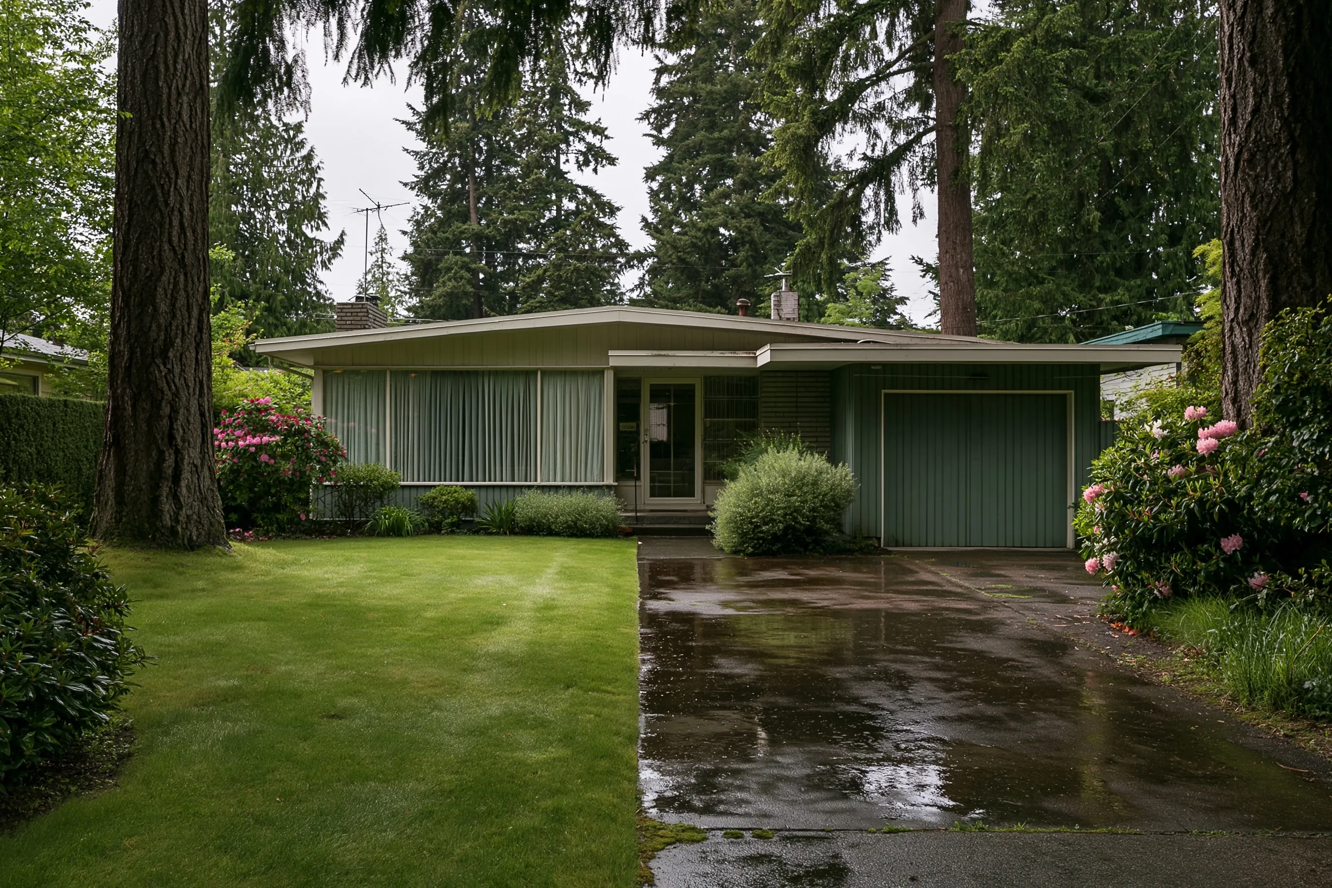 Front of a single-story rambler with a low-pitched roof and attached garage, a wet green lawn, mature Douglas firs and a damp driveway