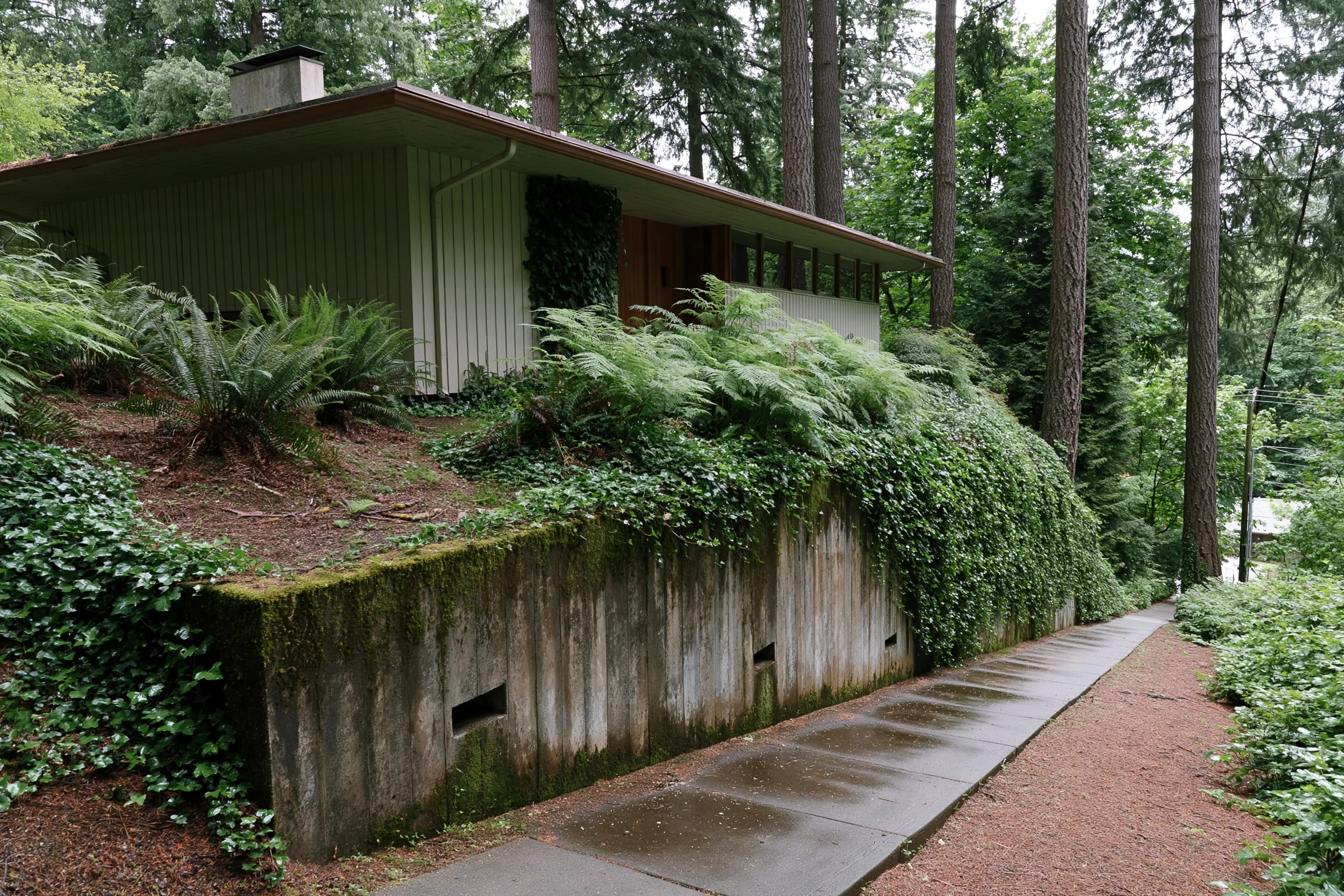 House with vertical siding and a long window band on a wooded slope above a tall mossy concrete retaining wall with small openings low in it, ivy and ferns on the bank and a wet sidewalk