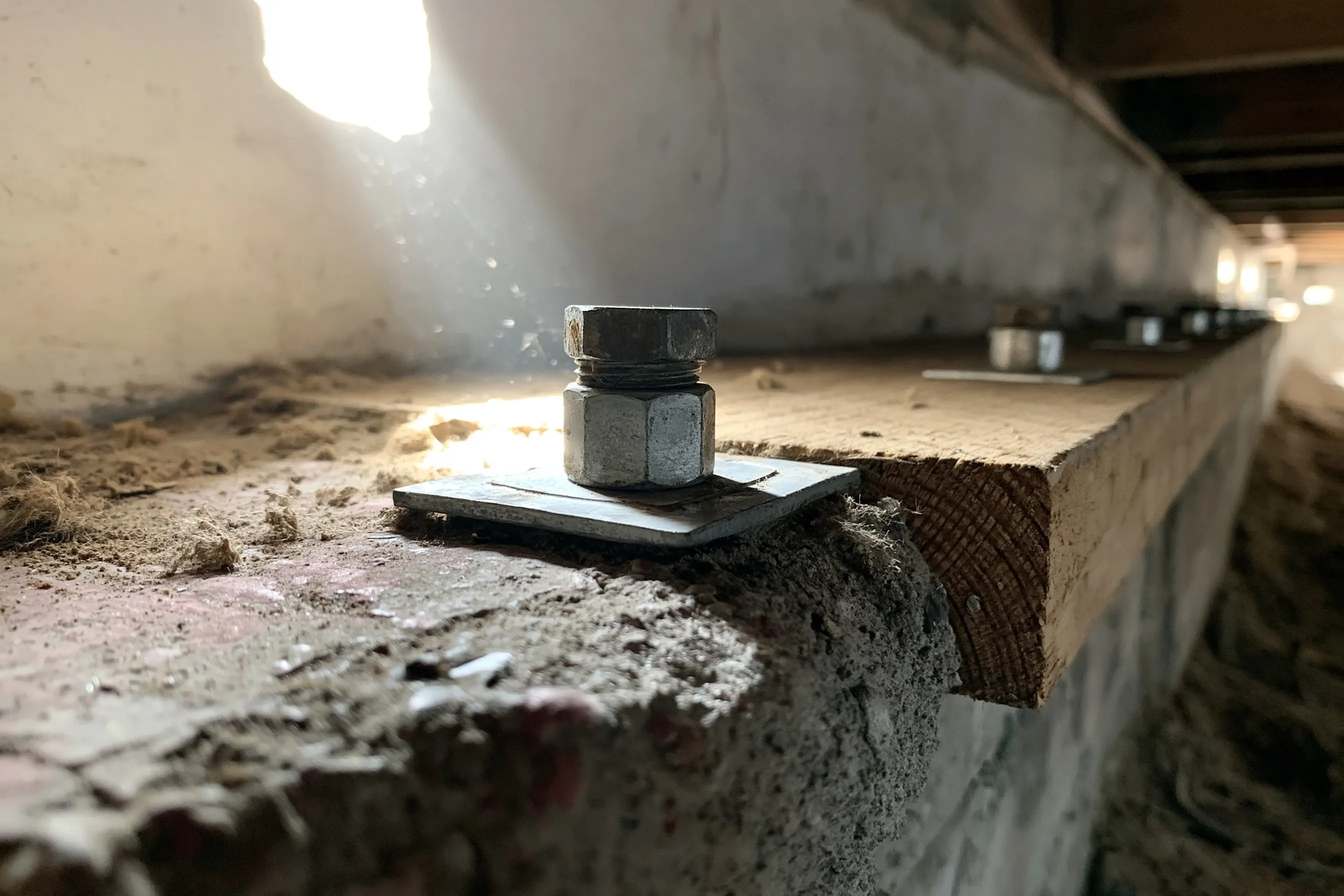 Crawlspace along a concrete stem wall with a steel anchor bolt and square plate washer fastening the wood sill plate to the concrete, more plates at regular spacing beyond it