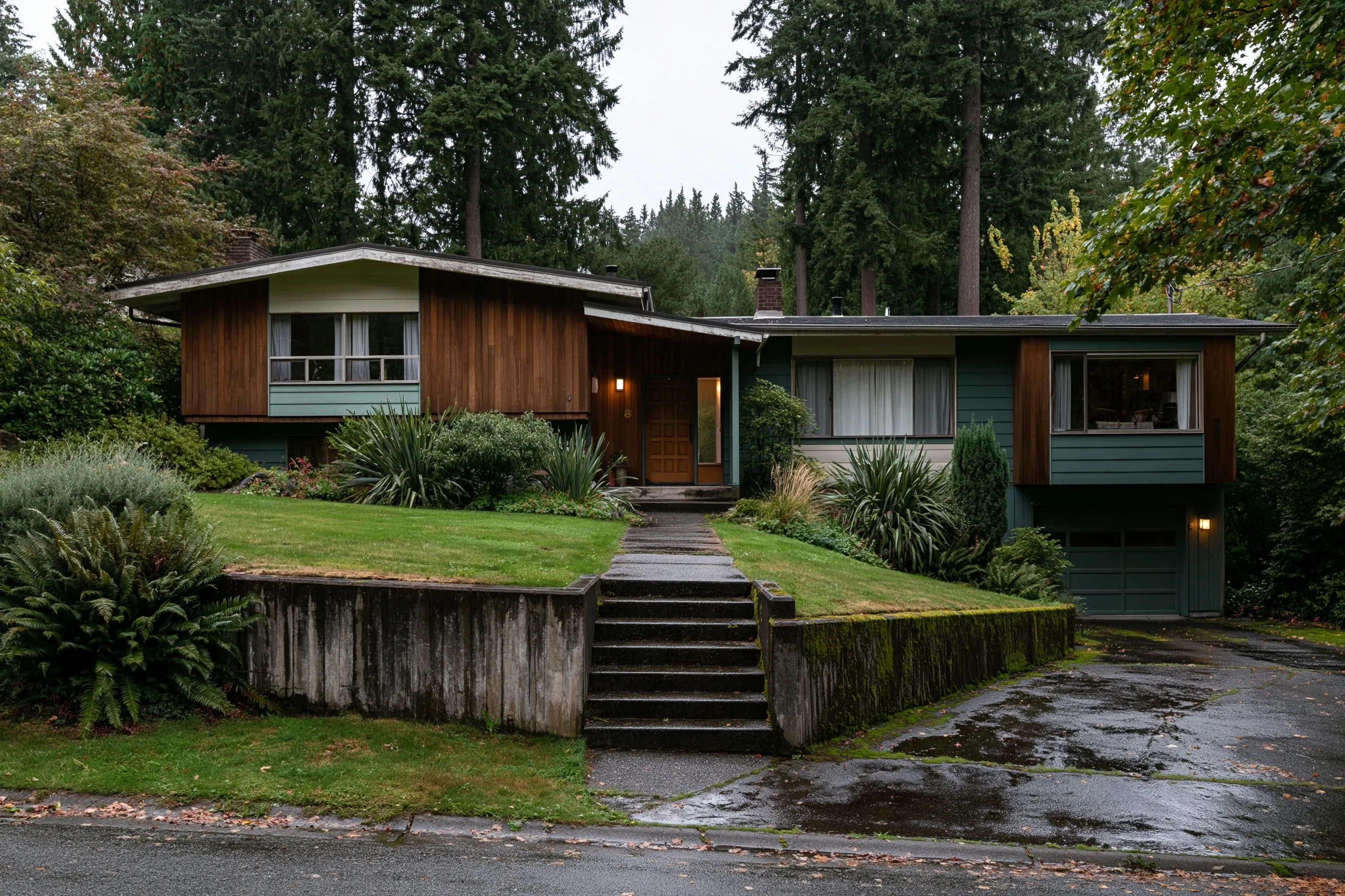 Split-level house on a sloped lot with lap siding, low retaining walls beside the entry steps, tall Douglas firs behind and a wet green lawn