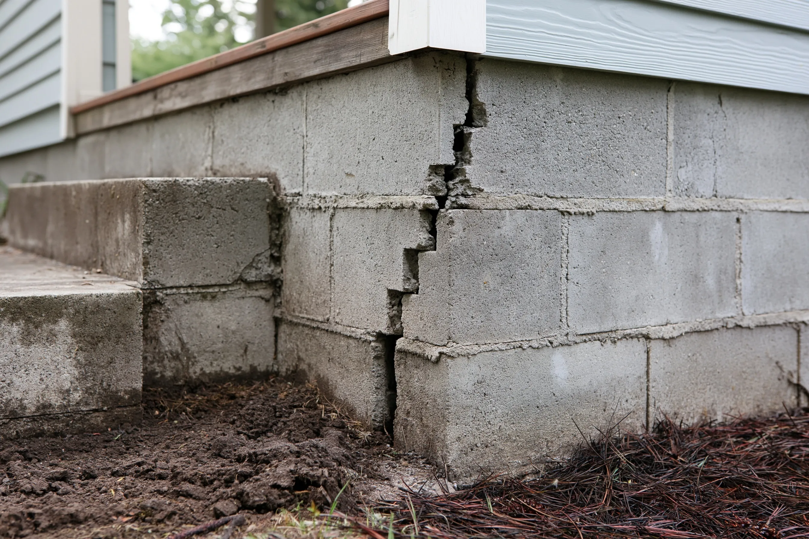 Stair-step crack running through the mortar joints of a concrete block foundation wall at the corner of a house, with soil and fir needles at its base